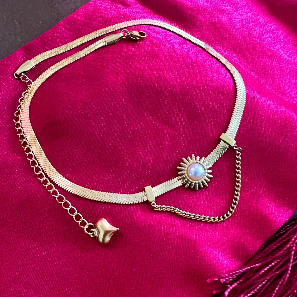 Herringbone Necklace Choker with Faux Pearl💕